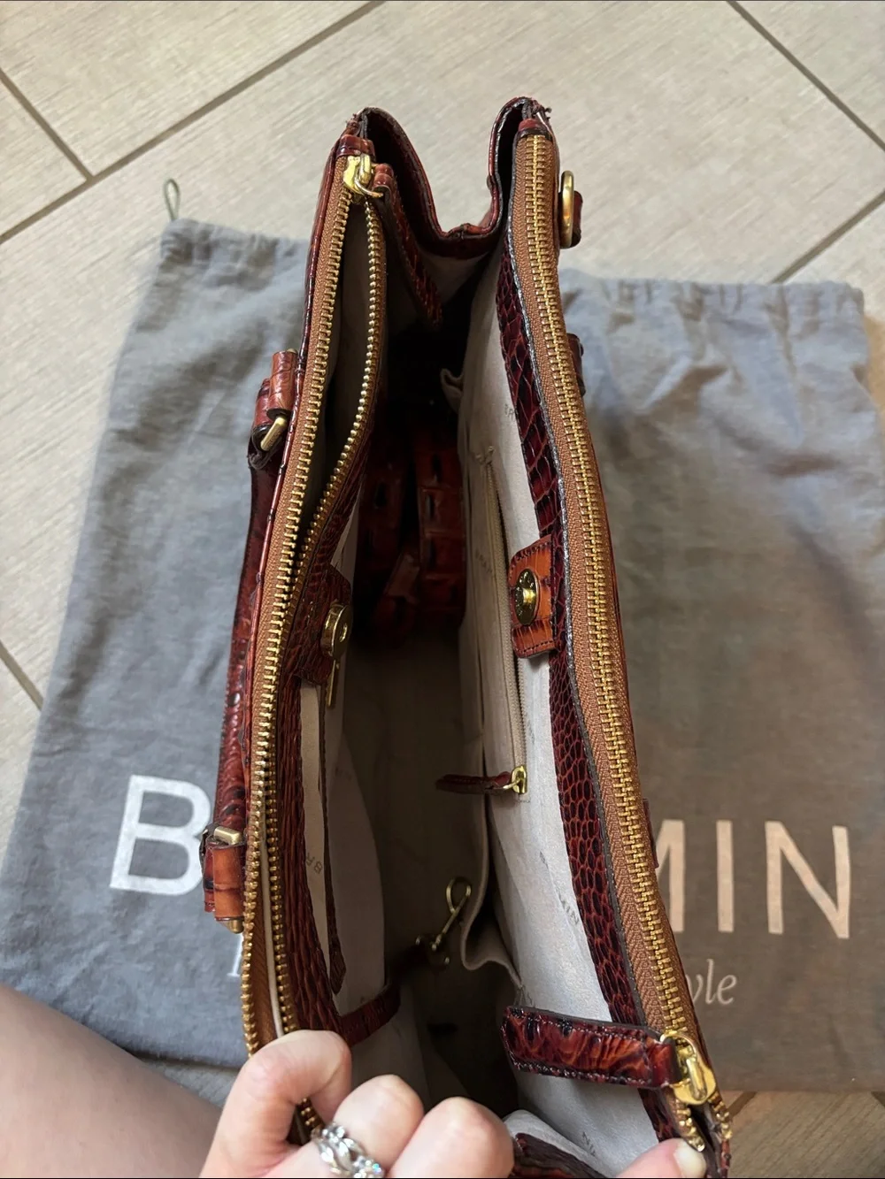 Brahmin Burnt Brown Croc-Embossed Leather Satchel